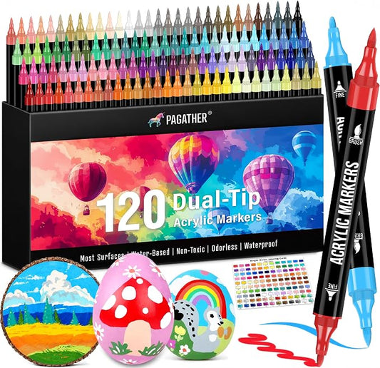 Pagather Acrylic Paint Markers, 120 Colors Dual Tip Fine & Brush Pens Set | For Rocks, Fabric, Wood, Glass & More, Perfect for DIY Crafts and Creative Art Projects with Bright, Smooth and Quick-Dry Ink