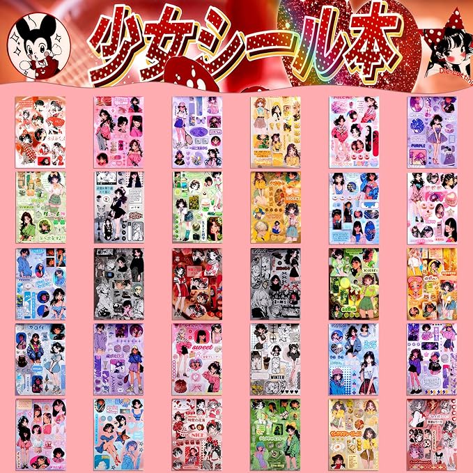 Tmtains 30 Sheets Japanese Manga Style Sticker Book 650+Pcs Heisei Retro Cute Theme Books Style Korean Sticker Aesthetic Japanese Stickers Book for Adults Scrapbooking Notebook Supplies (Girl Journal)