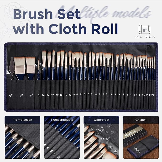 Nicpro 36pcs Paint Brush Set for Acrylic Painting, Oil, Watercolor, Gouache | 9 Shapes No Shedding Synthetic Bristles with Palette Knife and Canvas Roll, Professional Painting Supplies for Artists
