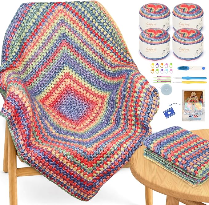 Coopay Crochet Blanket Kit for Beginners Adults w/Step-by-Step Instructions | Complete Crochet Kits with 600g Soft Crochet Yarn & Ergonomic Crochet Hooks, Granny Square Blanket Kit for Beginners Gift