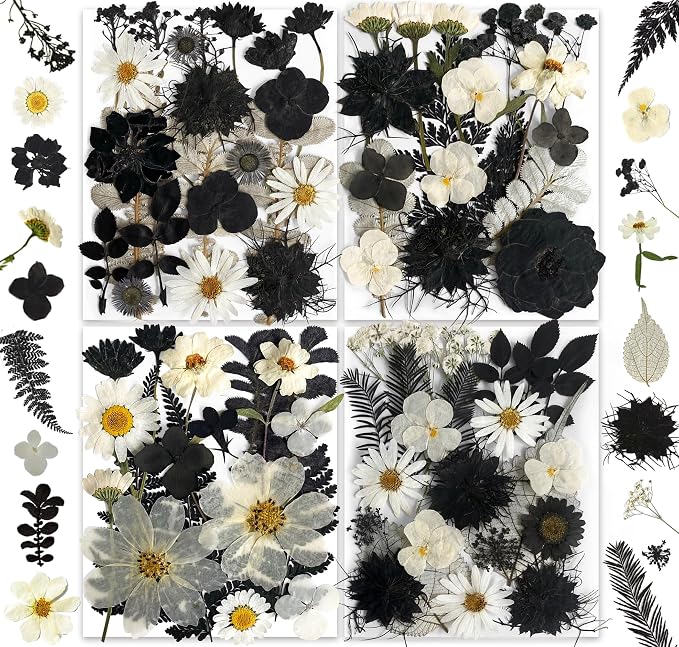 131PCS Black White Dried Pressed Flowers with Butterfly Stickers - YouthBro Real Nature Flowers Craft Set for Craft Resin DIY Jewelry Candle Soap Making Nail Card Scrapbook Art Floral Decors