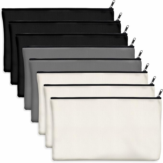 8 Pack Blank Cotton Canvas DIY Craft Zipper Bags Pouches Pencil Case for Makeup Cosmetic Toiletry Stationary Storage(Black + Grey + White)