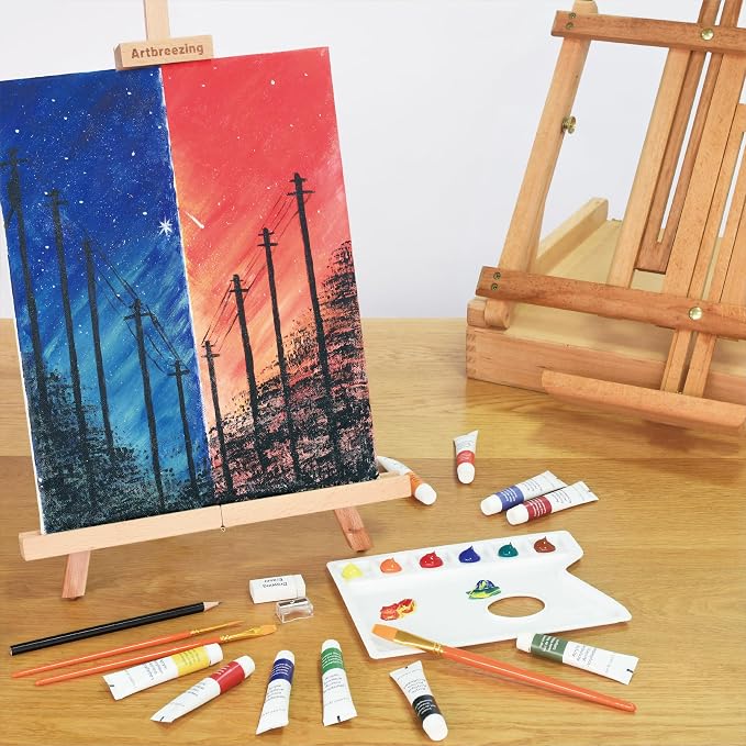 Artbreezing Acrylic Painting Kit with Art Easel,All-in-One Art Supplies | 31PC Painting Supplies with Canvas,Tabletop Easel for Painting,Brushes etc.Ideal Giftable Holiday Set for Kids and Adults.