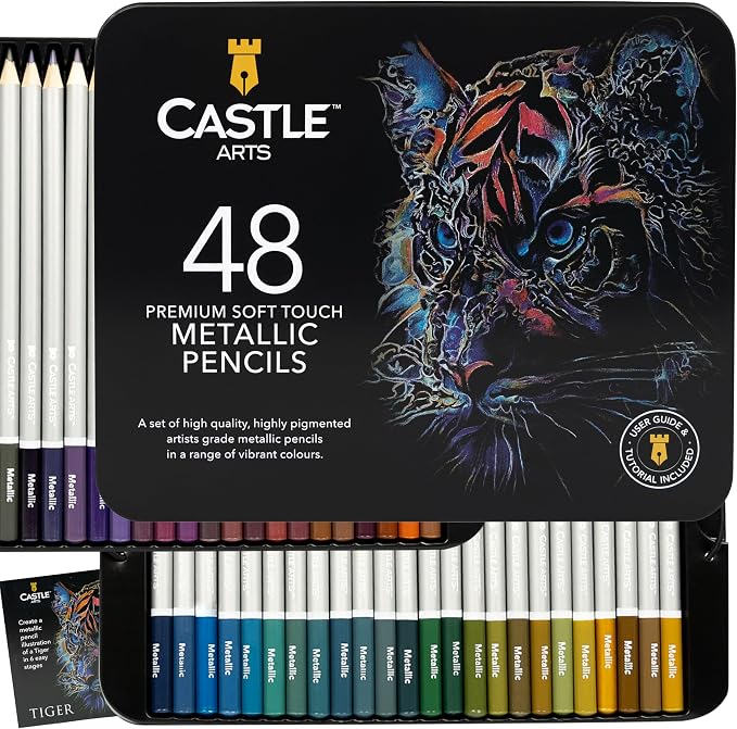 Castle Art Supplies Metallic Colored Pencil Set | 48 Shimmering Shades with Wax Cores for Professional and Adult Artists | Presented in Tin Case
