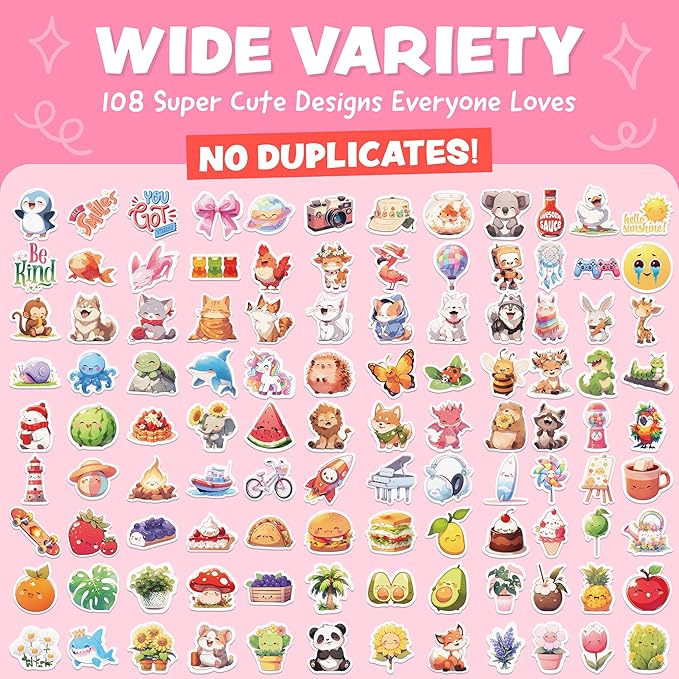 Cute Stickers for Kids Classroom Decor - 108pc Kawaii Water Bottle Stickers for Teens - Waterproof Vinyl Teacher Reward Stickers for Water Bottles - Back to School Supplies - Classroom Must Haves