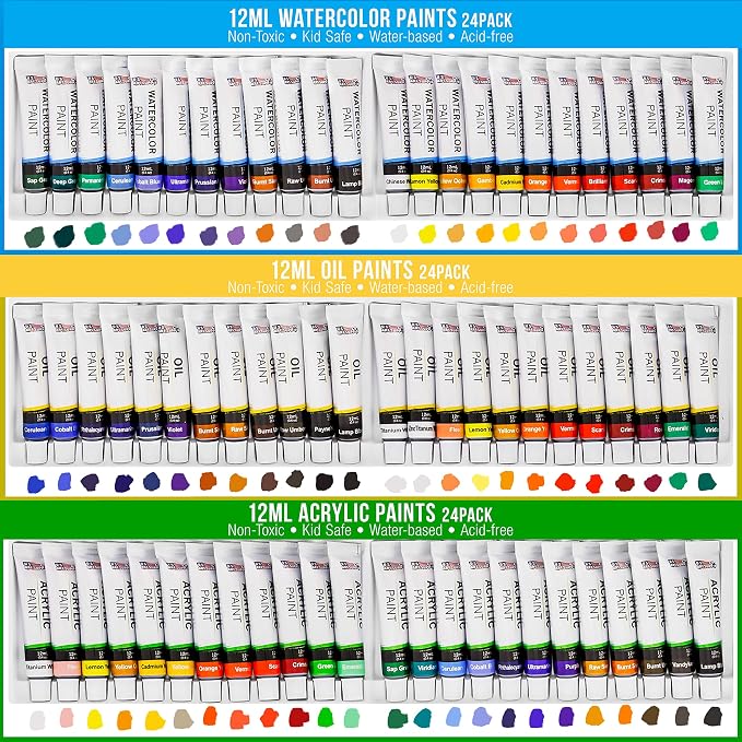 U.S. Art Supply 133-Piece Artist Painting Kit - Aluminum & Wood Easel | 24 Each (Acrylic, Oil, Watercolor Paints), 8 Canvases, 44 Brushes, 4 Paint & Sketch Pads - Painting Kits for Adults, Gift Set