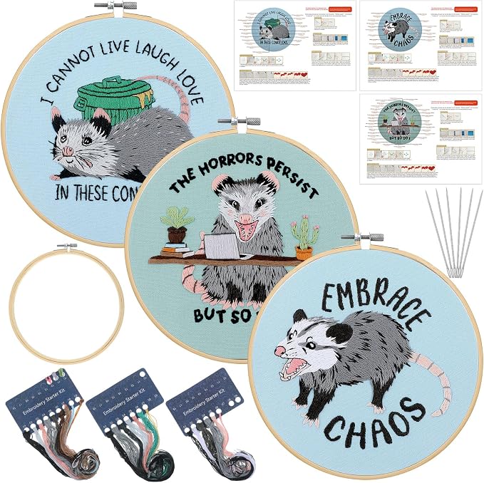 Mindsoft 3 Set Needlepoint Kit for Beginners with Hoop,Possum | Bamboo Hoop Thread Needles Instructions, Easy Hand Embroidery for Beginners Home Crafts,Pre-stamped Funny Cute Designs