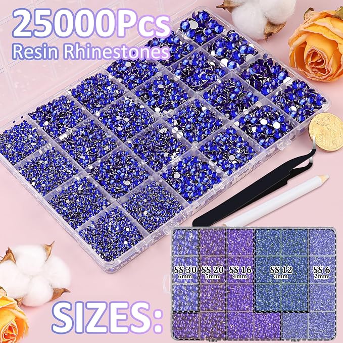 25000Pcs Resin Rhinestones for Crafting, Royal Blue 2-6mm Mixed Sizes Non Hotfix Flatback Gems with 1Pcs Glue, Bedazzling Crystal for DIY Craft Clothing Mugs Tumblers Shoes Fabric Decor Nail Art