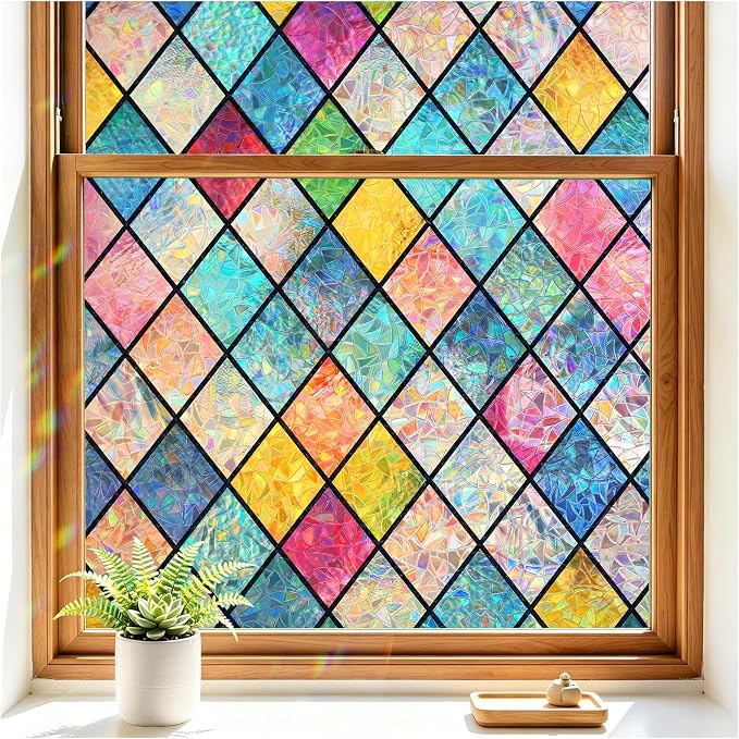 Haton Stained Glass Winodw Film, Rainbow Lattice Stickers, 35.4" x 118.1"
