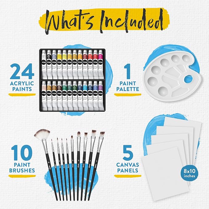 Chalkola 40 Acrylic Paint Set for Adults with 24 Acrylic Paints kit (22ml), 10 Painting Brushes, 5 Canvas for Painting (8x10) & 1 Palette | 10 Painting Brushes, 5 Canvas for Painting (8x10) & 1 Palette - Art Paint Supplies Set for Kids, Beginners, Arti...