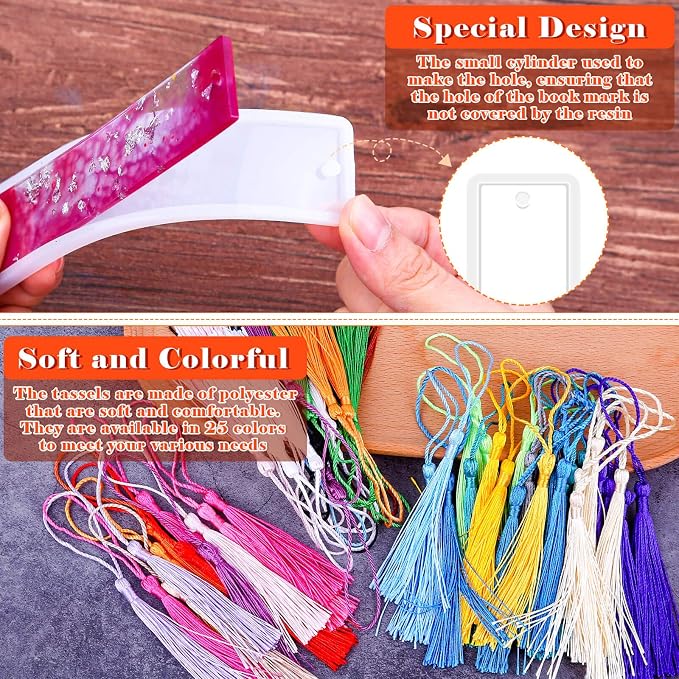Caffox Bookmark Mold Kit with 100pcs Tassels and 10pcs Silicone Molds for Epoxy Resin Casting