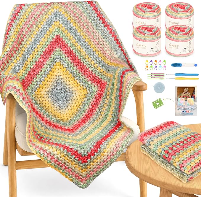 Coopay Crochet Kit for Beginner Crochet Blanket Kit w/Step-by-Step Tutorial | Granny Square Blanket kits with 600g Crochet Yarn, Hooks & Complete Tools, Crochet Blanket Kit Gift for Adults & Beginners