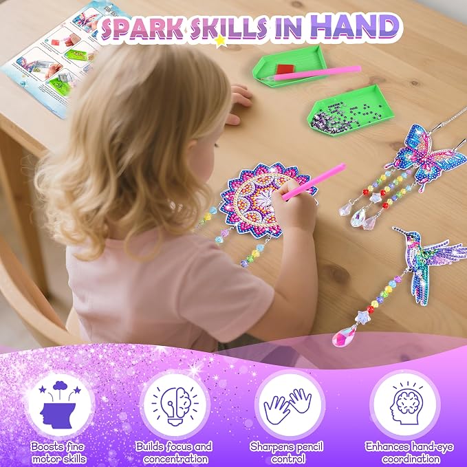 Diamond Art Kits for Kids Ages 8-12, 3 PCS DIY Gem Art Suncatchers for Kids