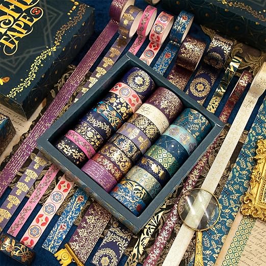Gold Foil Washi Tape Set — 24 Rolls Vintage Dark Academia Aesthetic, Baroque Gothic Jewel Tone Decorative Tape for Junk Journal Supplies, Scrapbook, Planner — Gift Box (3 Sizes)