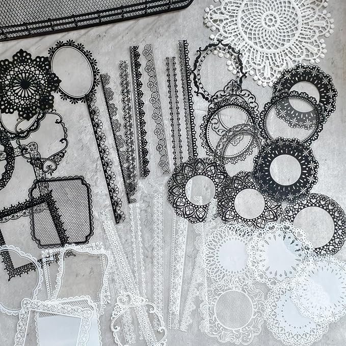 PRSTINCOL 240 PCs Lace Scrapbook Stickers,Waterproof Cutout Transparent Sticker PET Transparent Lace Stickers for Scrapbooking DIY Decoration Making Notebook Frame Album Handmade(Black and White)