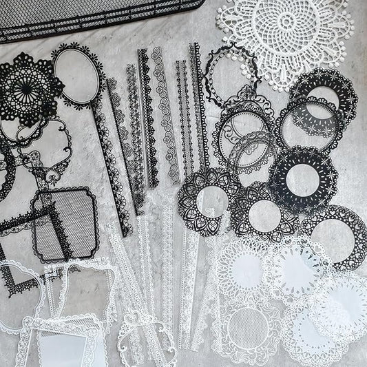PRSTINCOL 240 PCs Lace Scrapbook Stickers,Waterproof Cutout Transparent Sticker PET Transparent Lace Stickers for Scrapbooking DIY Decoration Making Notebook Frame Album Handmade(Black and White)
