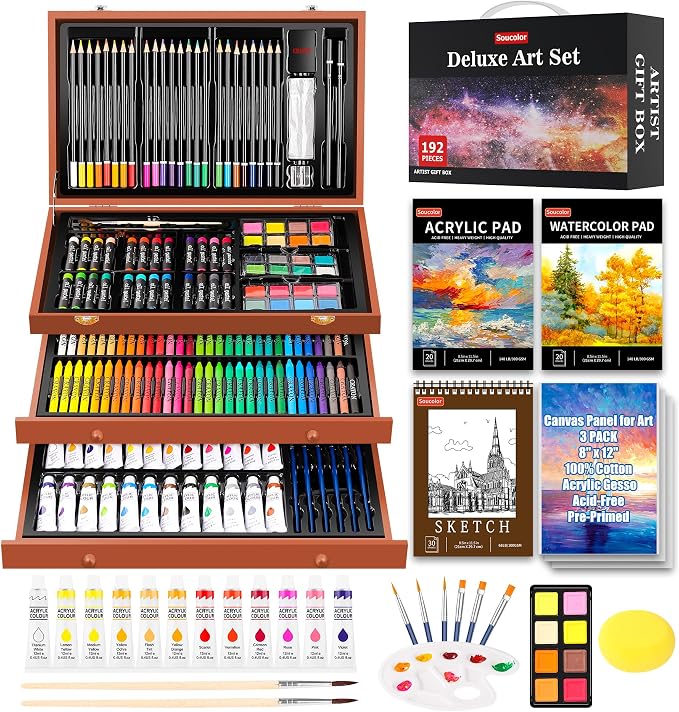 Soucolor 192-Pack Deluxe Art Set, Drawing Painting Kit, Wooden Case Gift | 192pcs: Crayons, Pencils, Pastels, Watercolors,Acrylics, 3 Canvases, 3 Pads, 8 Brushes Wooden case,Gift box