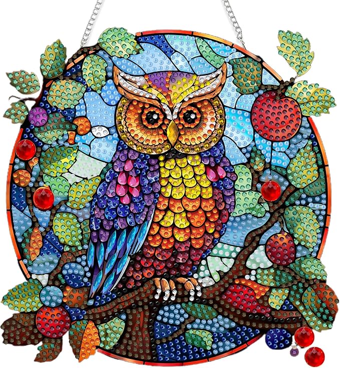SKRYUIE Owl Hanging Pearl Diamond Art Kits for Adults Suncatcher A50 | Special Shaped Crystal DIY Hanging Diamond Painting Kit, Gift for Mother Spring Summer Window Wreath Decor 7.72 x 7.64 Inch