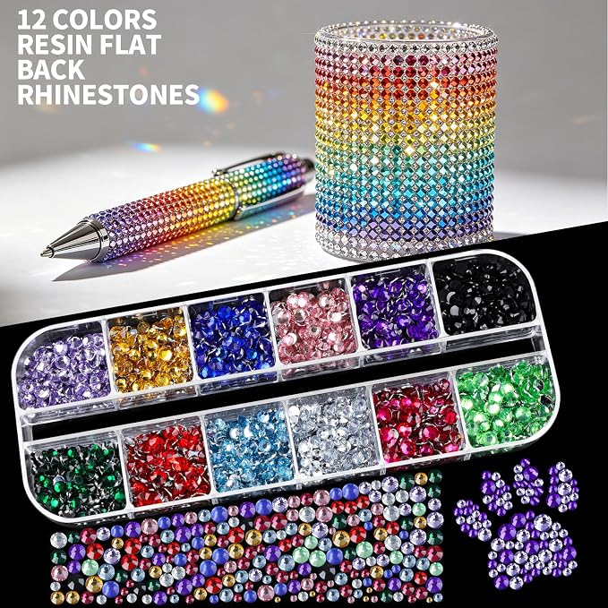 FANDAMEI 5 Boxes 10000PCS Bedazzling Kit, Multi-color Rhinestones for Bedazzling with Jewelry Glue, Flat Back Resin Jelly Gems for Crafts, Nail Rhinestones with Nail Brushes, Dotting Tools
