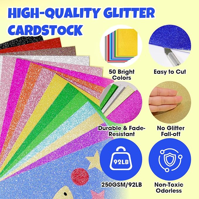 TUXIYA 50 Sheets 8.5" X 11" Glitter Cardstock,50 Colors 250GSM Card stock