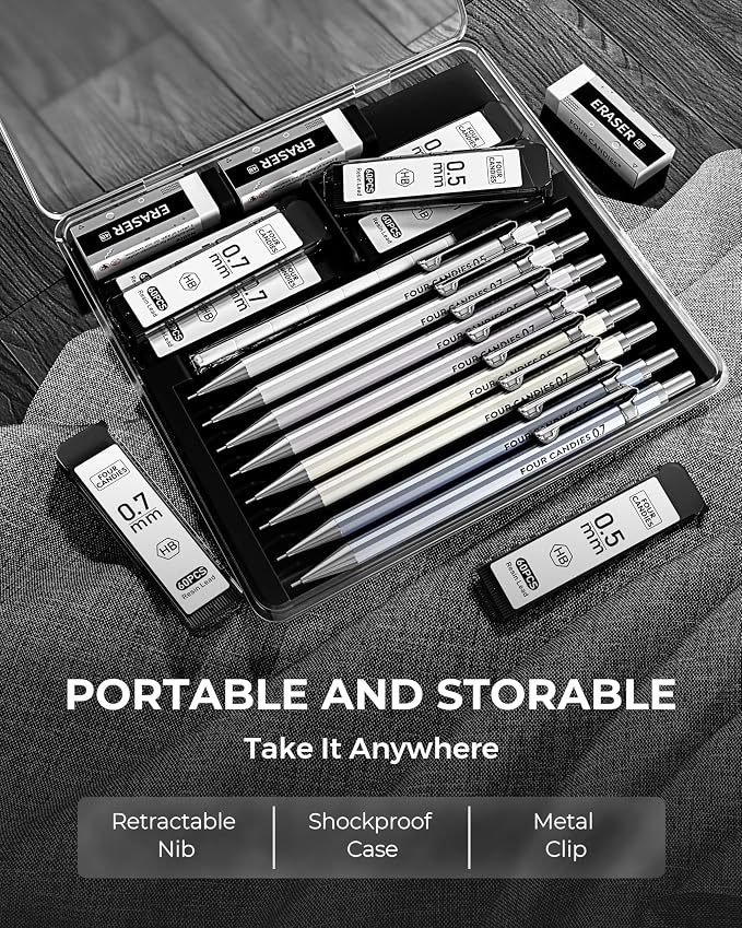 Metal Mechanical Pencil Set, 0.5/0.7mm, 8-Pack with Case, Two Sizes