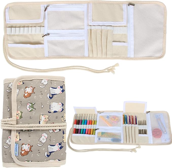Teamoy Crochet Hook Case Organizer, Crochet Hook Roll Bag, Cartoon Cats