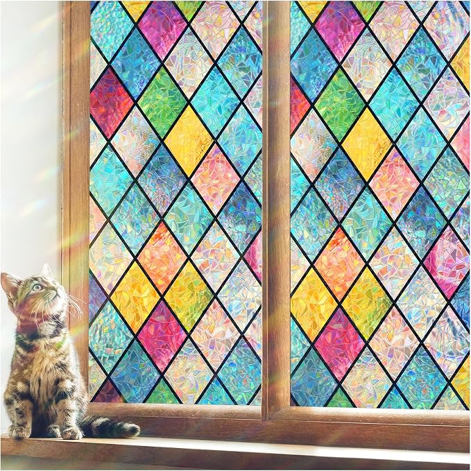 Haton Stained Glass Winodw Film, Rainbow Lattice Stickers, 29.5" x 78.7"