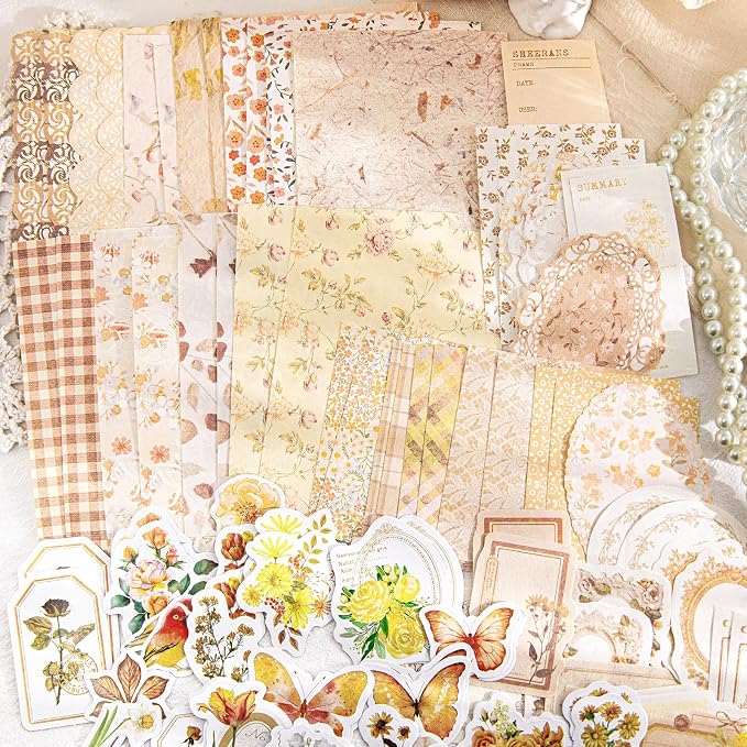 OKUPAN Vintage Floral Scrapbook Paper & Journaling Stickers (100pcs) Assorted Set (Yellow) - Scrapbook Supplies for Bullet Journaling, Retro Crafts, Planner, Mixed Media, Card Making