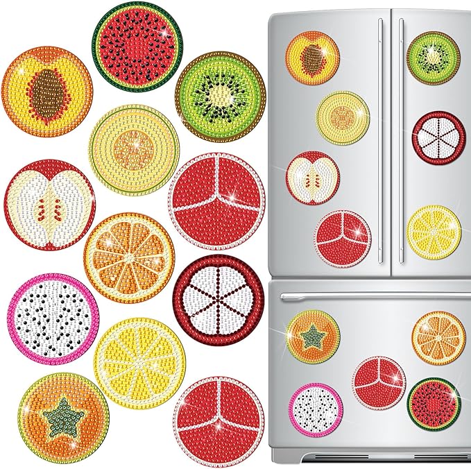 Zonon 12 Pcs Fruit Diamond Art Magnets Kit for Adults Fridge Home Decor | DIY Diamond Painting Arts Craft, Crystal Rhinestone Art, Magnetic Fruit Slice Designs, Easy Fridge Kitchen Decor