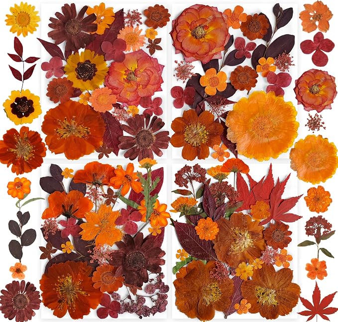141PCS Brown Fall Dried Pressed Flowers for Resin - YouthBro Real Nature Flowers Butterfly Stikers Set for Christmas DIY Candle Soap Vase Making Nail Card Scrapbook Art Craft Floral Decors