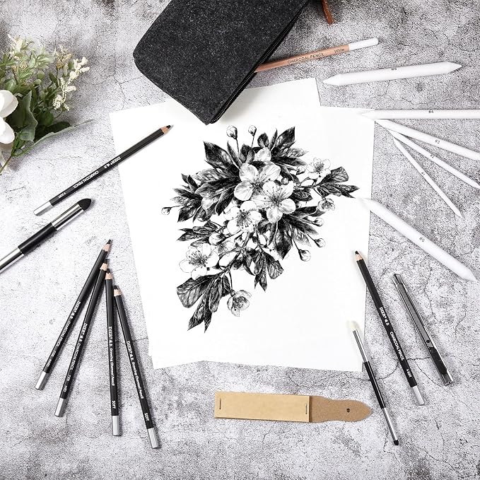 Kosiz 18 Pcs Charcoal Drawing Set Sketch Kit Black Charcoal Pencils, White, Double Headed Blending Sponge Pen Blending Stumps Sanding Block Knife Pencil Case, Artist Pencils for Beginners and Artists