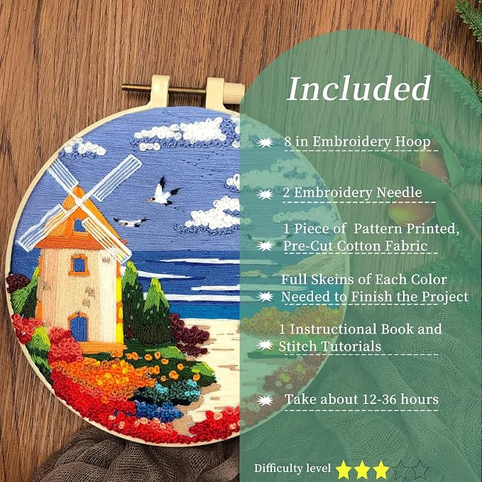 FONNUY Embroidery Kit for Beginners, Boho Nature Landscape Pre-Stamped Pattern Kits for Adults with Hoop, Easy to Follow Color Thread Needlework, 8'' Hoop (Beach House)