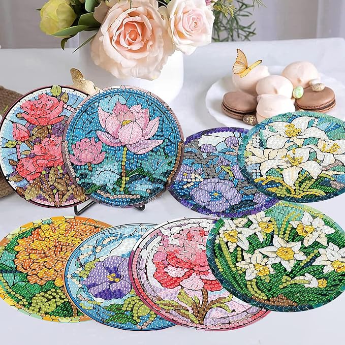 Diamond Art Coasters Kits, 8 Pcs Flowers Diamond Painting Coasters Kits