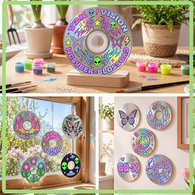 Sabary 29 Pcs DIY CD Painting Kit Painting Gift Includ 24 Pcs 4.72'' Blank Cds 12 Colors Acrylic Paint with 2 Brushes Ideal for CD Art Craft Kit for Creative Projects Home Decor Activities