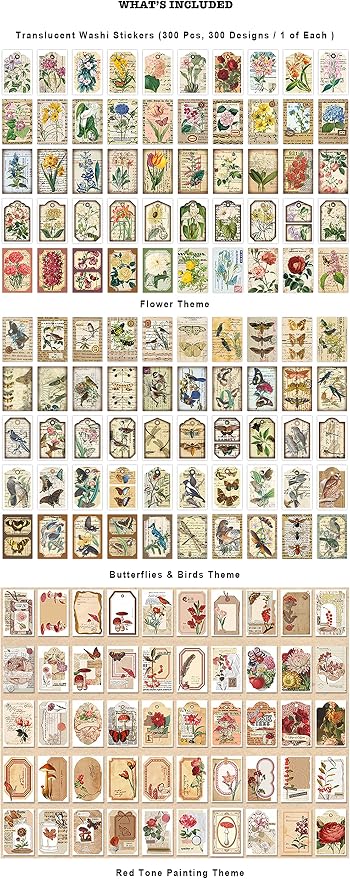 PRSTINCOL 300 Pcs Scrapbook Washi Stickers,Vintage Flower Butterfly Botanical Sticker Book for Junk Journal,Decorative Paper Stickers for Bullet Journal, Album, Collage, Planner, Gift Wrapping