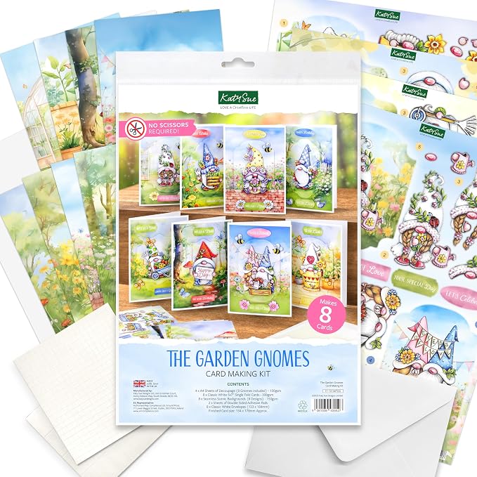 Katy Sue The Garden Gnomes Card Making Kit. Makes 8 Cards at 5 x 7 Inches. Contains Gnome Die-Cut Decoupage, Background Scenes, Cards, Envelopes & Foam Pads for Card Making Supplies. UK-Made.