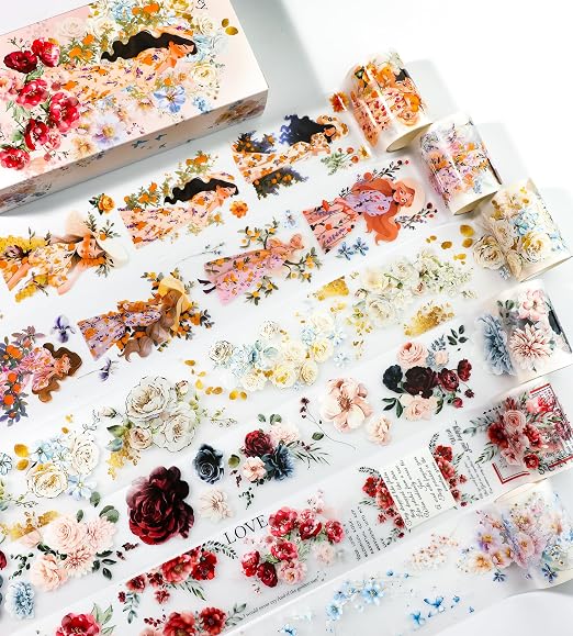 Floral PET Washi Tape Set - 6 Roll Wide PET Tape for Scrapbook Supplies,Character Decorative Girls Sticker,Flower Stickers, Bullet Journals Materials,Planner Arts Craft Collage