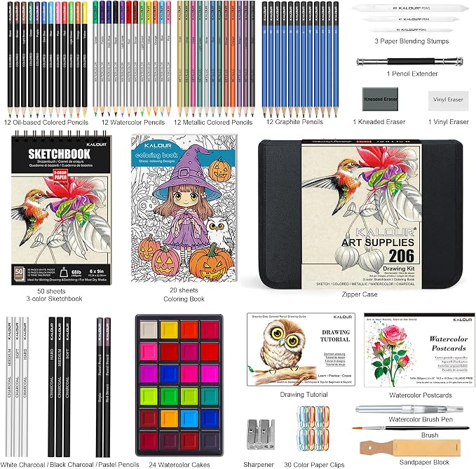 KALOUR 206 Drawing Set Sketching Kit,Art Supplies with 3-color Sketchbook & Coloring Paper,Include Tutorial, Colored, Graphite, Charcoal, Watercolor & Metallic Pencil,for Artists Adults Teens Beginner
