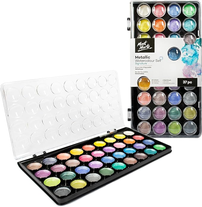 Mont Marte Signature Metallic Watercolor Set, 37 Piece Pearl Paint, 36 Vibrant Colors, 1 Paint Brush