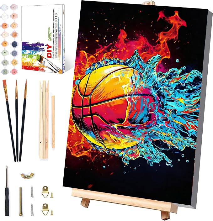 Basketball Paint by Numbers Kit for Kids with Framed Canvas - Wooden Easel | Ball Sports Paint by Numbers for Kids Ages 8-12, Acrylic Oil Painting Kits with Nice Gift Box for Wall Decor (12x8 inch)