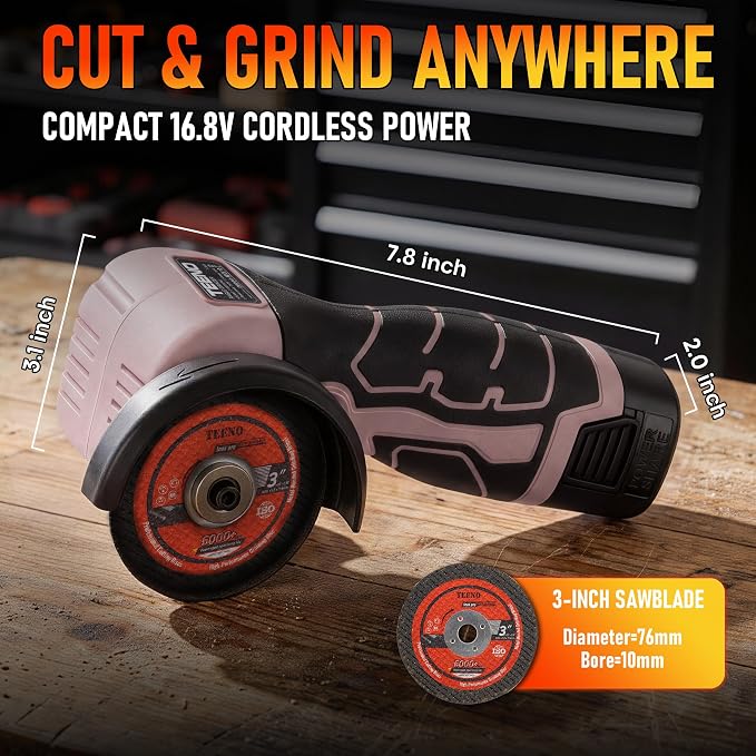 TEENO Cordless Angle Grinder Kit, 19,500 RPM Mini Electric Angle Grinding Tool with 2 Pcs 16.8V 2000mAh Batteries and 6 Cutting Discs, 3-Inch Handheld Grinder for DIY & Home Improvement, Pink