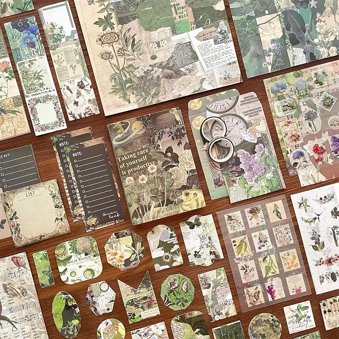 BoomTeck Vintage Scrapbooking Kit, Aesthetic Junk Journal Supplies with Scrapbook Paper, Washi Stickers, A6 Grid Notebook - DIY Craft Journaling Gift for Teen Girl Adult (Green)