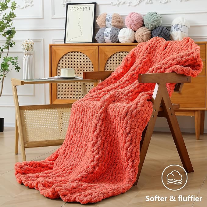 Cozyful Chunky Yarn for Hand Knitting - #10 Chunky Chenille Yarn, Jumbo Big Thick Chunky Yarns for Crocheting, Super Bulky Chunky Knit Blanket Yarns, 8 Skein (22 yds 8 oz Each Skein), Solar Orange