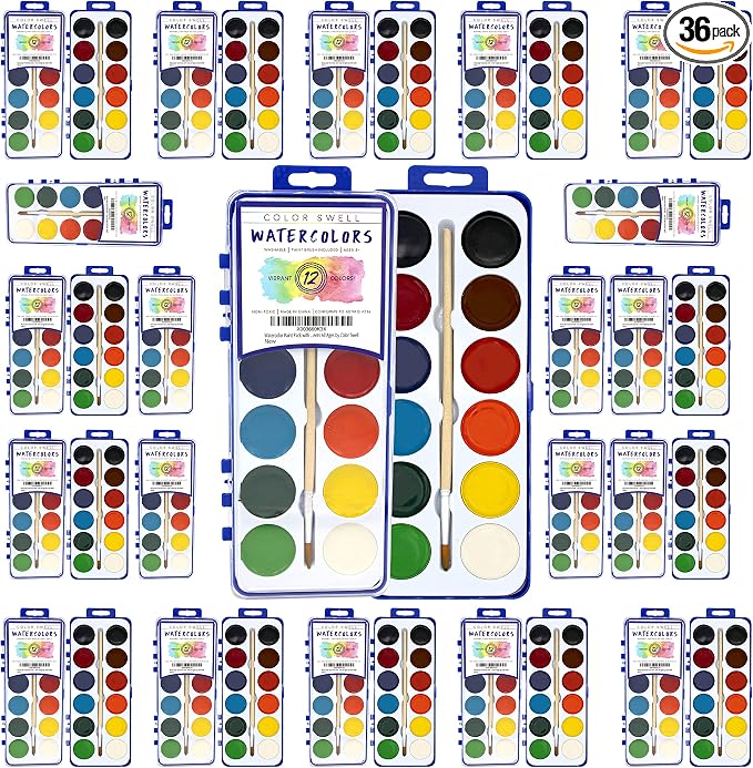 Color Swell 12 Color Bulk Watercolors with Wood Brushes, 36 Pack