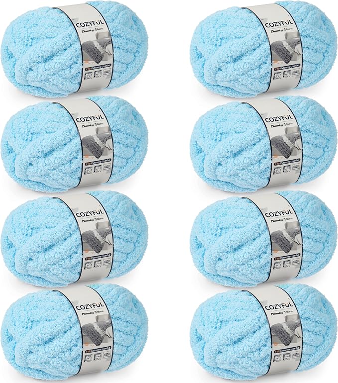 Cozyful Chunky Yarn for Hand Knitting - #10 Chunky Chenille Yarn, Jumbo Big Thick Chunky Yarns for Crocheting, Super Bulky Chunky Knit Blanket Yarns, 8 Skein (22 yds 8 oz Each Skein), Sky Blue