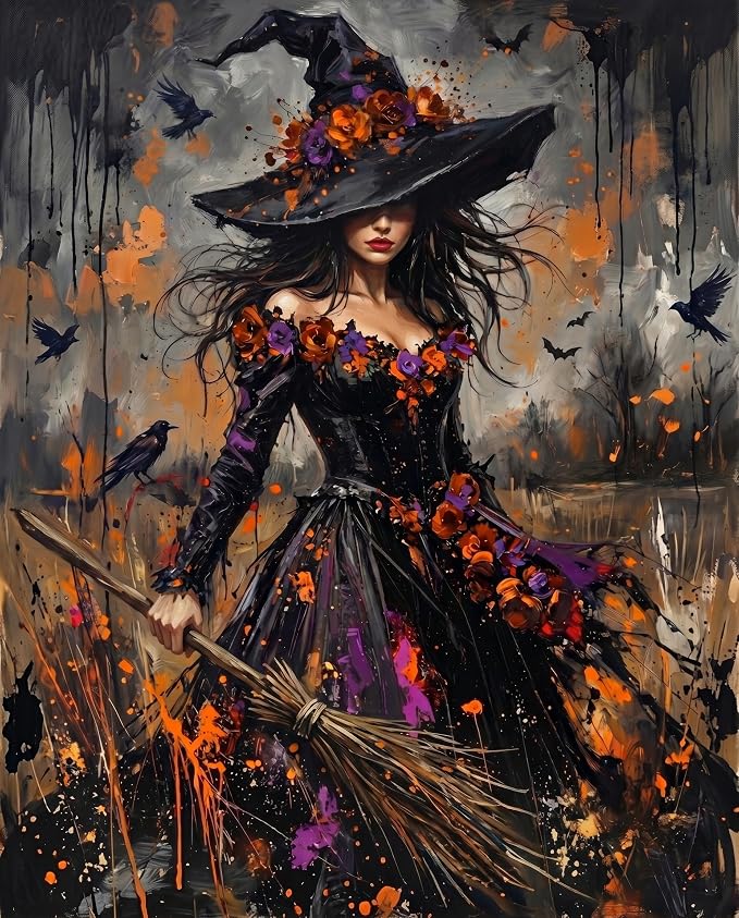 TELMOXA Halloween Paint by Numbers Kit for Adults, 16x16 in | Witch Adult Paint by Number Kits, Acrylic Oil Painting, Colored Canvas, Painting Kit, DIY Craft Kits, Gifts, Home Wall Decor