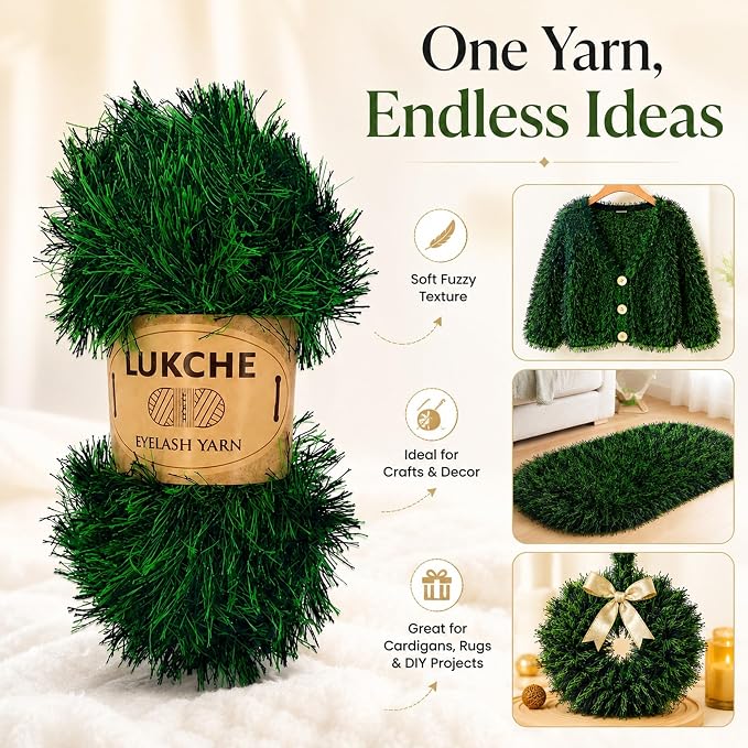 Eyelash Fun Fur Yarn Premium 100% Polyester 164 Yds (150 Mt), 3.53 Oz (100 Gr) Colorful Crochet Yarn Dıy Hand Knitting. (Black-Green, 3 Skein)