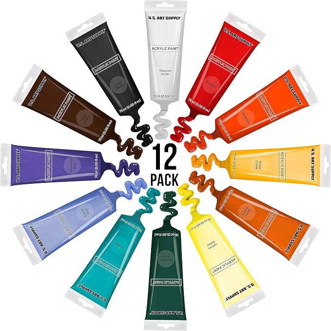 U.S. Art Supply 12 Color Set of Acrylic Oil Paint 75ml Tubes | High Opacity, Strong Tinting Strength, Oil Paints for Canvas Painting, Wood & Media