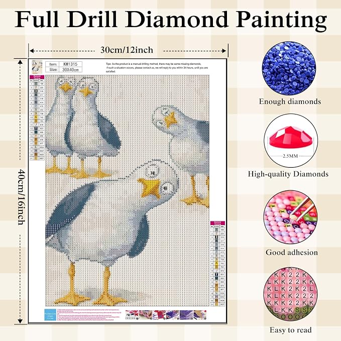 Animal Diamond Painting Kits for Adults,Cartoon Seagull Diamond Art Kits | DIY Full Round Drill Gem Painting Cute Funny Bird Paint by Diamonds Relaxing Craft for Cartoon Home Wall Decor 12x16In