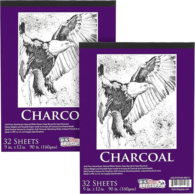 U.S. Art Supply 9" x 12" Premium Heavy-Weight Charcoal Sketchbook Pad | 90lb (160gsm), 2-Pack, 64 Sheets Total, Sketch Book Pad for Charcoal, Pencil & Pastel Drawing
